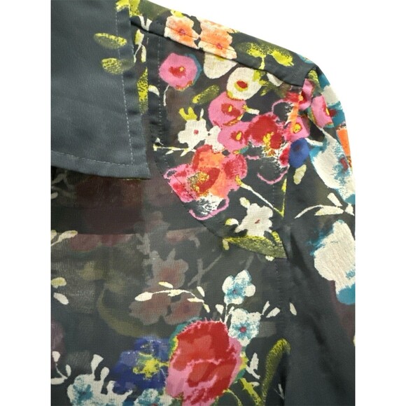 Kut from the Kloth  Women's Sheer Blouse Size LG Blue Floral Print Button Front - Picture 5 of 10
